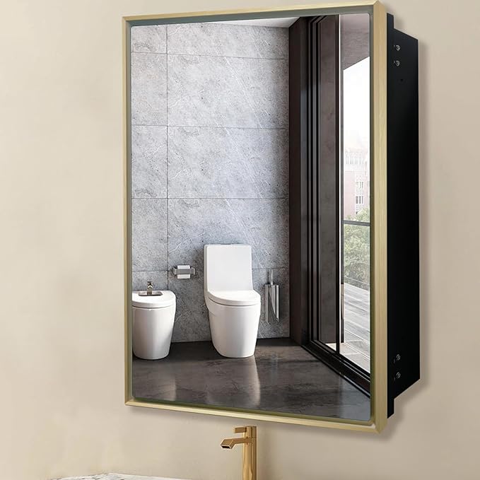 24”x30” Medicine Cabinet with Aluminum Frame,Surface or Recessed Medicine Cabinet Mirror for Bathroom,Bathroom Mirror with Storage,Gold
