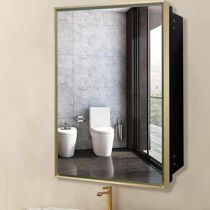 24”x30” Medicine Cabinet with Aluminum Frame,Surface or Recessed Medicine Cabinet Mirror for Bathroom,Bathroom Mirror with Storage,Gold