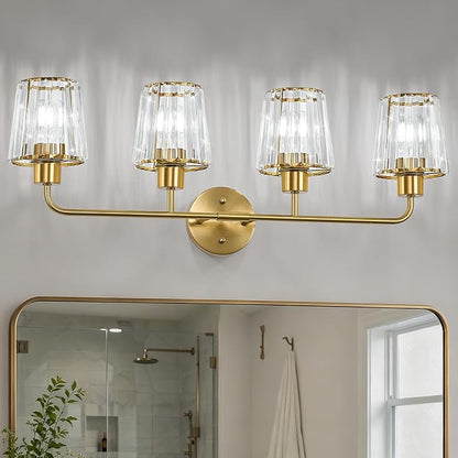 Brushed Gold Vanity Lights, 4-Light Crystal Bathroom Light Fixtures | Modern Bathroom Vanity Light E26 Wall Light over Mirror (Exclude Bulb)