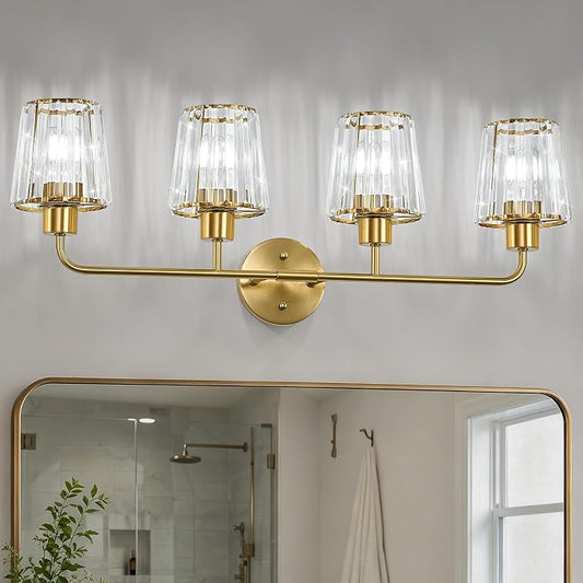 Brushed Gold Vanity Lights, 4-Light Crystal Bathroom Light Fixtures | Modern Bathroom Vanity Light E26 Wall Light over Mirror (Exclude Bulb)