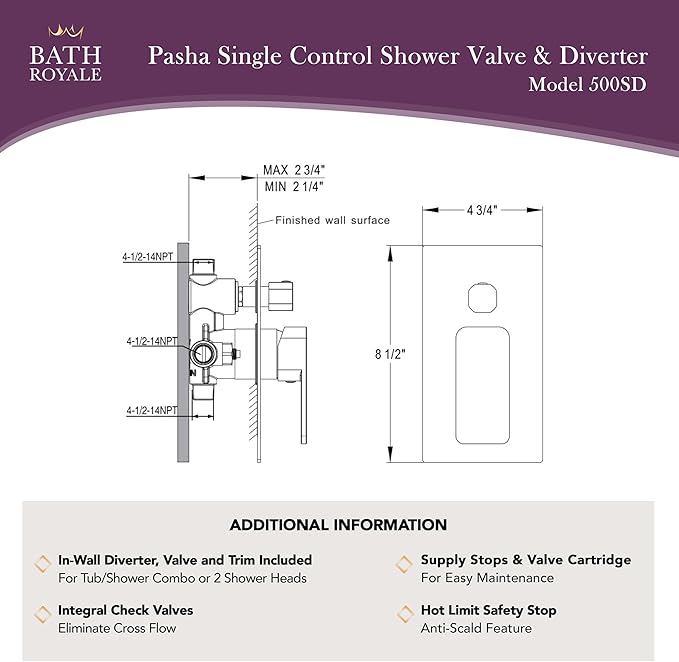 Bath Royale Pasha Pressure Balancing Shower Valve with Diverter - All Metal, Anti-Scald, Polished Chrome