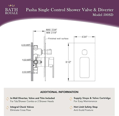 Bath Royale Pasha Pressure Balancing Shower Valve with Diverter - All Metal, Anti-Scald, Brushed Nickel
