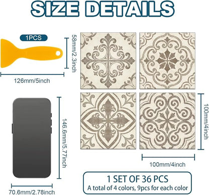36pcs 4 Styles Gray and White Patterns Tile Stickers Retro Geometric Patterns Waterproof PVC Tile Decals for Kitchen Bathroom 4x4 inch