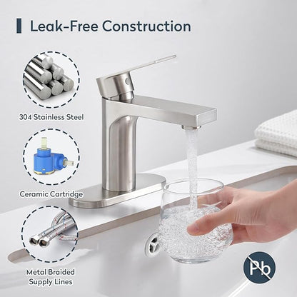 Single Hole Bathroom Faucet, Stainless Steel 1 Handle Vanity Sink Faucet with Metal Pop-Up Drain & Deck Plate for 1 or 3 Hole Sink, Brushed Finish