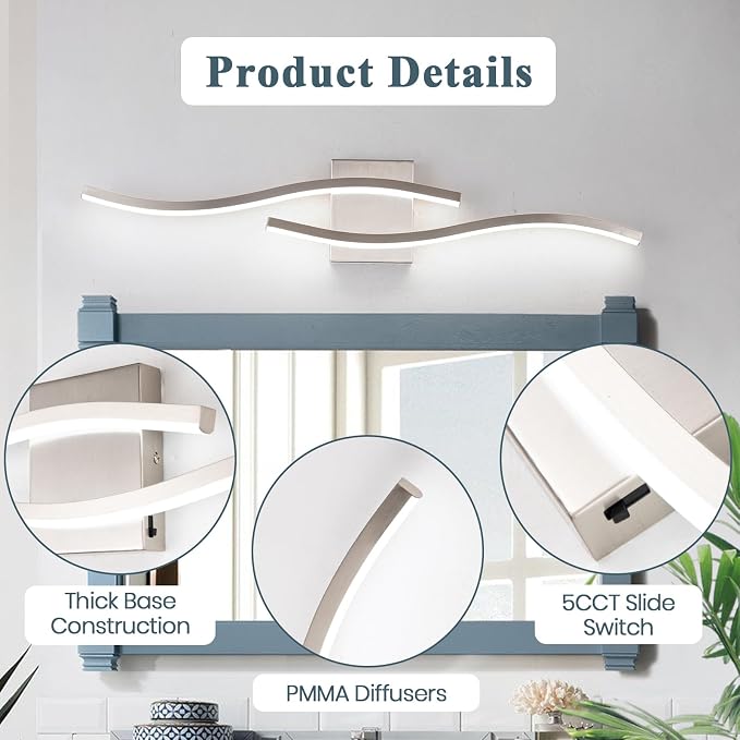 Brushed Nickel Curved 3000~6000K Bathroom Vanity Light Fixture Over Mirror, 31.5 inch Modern LED Wall Lamp 5CCT Dimmable Bathroom Light Fixture Modern Vanity Lighting