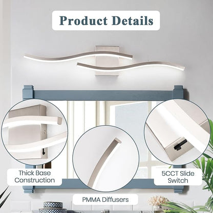 Brushed Nickel Curved 3000~6000K Bathroom Vanity Light Fixture Over Mirror, 31.5 inch Modern LED Wall Lamp 5CCT Dimmable Bathroom Light Fixture Modern Vanity Lighting