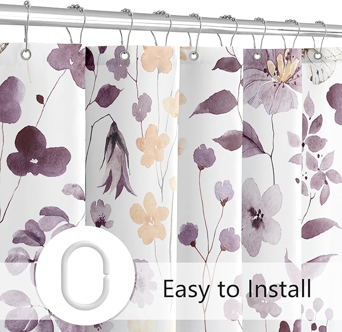 Extra Long Shower Curtain 72 x 84 Inch, Tall Plum Floral Shower Curtains for Bathroom, Watercolor Flower Butterfly Fabric Shower Curtain Set with Hooks