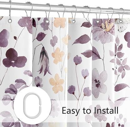 Plum Floral Shower Curtain, Cute Flower Fabric Shower Curtains for Bathroom, Watercolor Wildflower Butterfly Cloth Shower Curtain Set with Hooks, 72x72