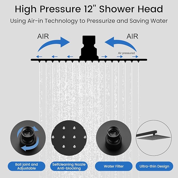 gotonovo Rainfall Shower System with Full Body Jets 4pcs Matte Black | 12’’ Rainfall Shower Head with Handheld Spray Combo,Wall Mount,Rough-in Valve and Trim Kit,Brass Body Message Jets,All Metal