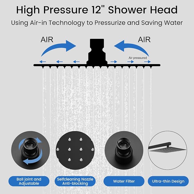 gotonovo Rainfall Shower System with Full Body Jets 6pcs Matte Black | 12’’ Rainfall Shower Head with Handheld Spray Combo,Wall Mount,Rough-in Valve and Trim Kit,Brass Body Message Jets,All Metal