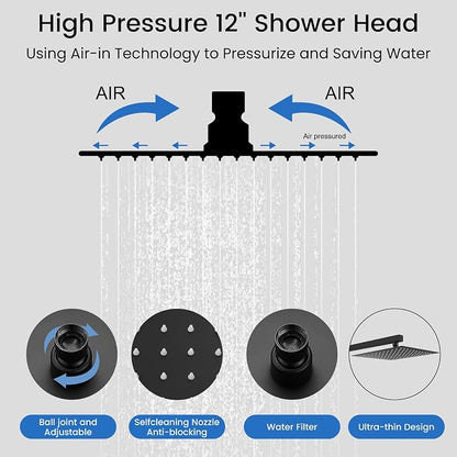 gotonovo Rainfall Shower System with Full Body Jets 6pcs Matte Black | 12’’ Rainfall Shower Head with Handheld Spray Combo,Wall Mount,Rough-in Valve and Trim Kit,Brass Body Message Jets,All Metal