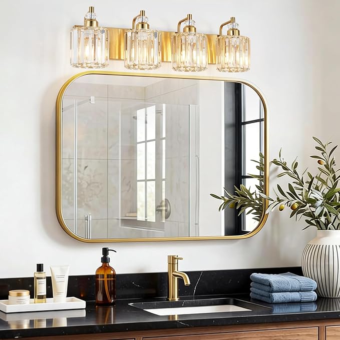 4-Light Modern Vanity Lights Brushed Brass Bathroom Light Fixtures Over Mirror Gold Bathroom Vanity Lighting with Crystal Shade E26 Base Wall Sconce for Bedroom Living Room Restroom Wall Lamp