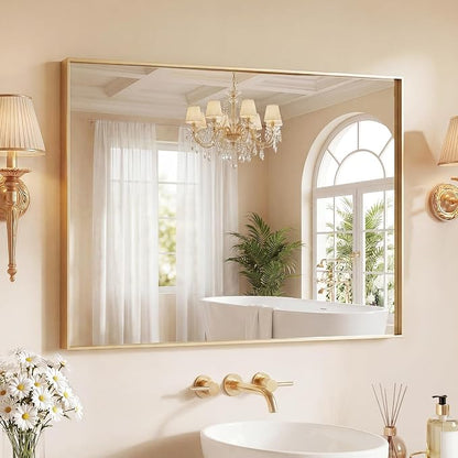 Sweetcrispy Bathroom Mirrors for Over Sink, 30" x 36" Rectangle Wall Mirror | Tempered Glass, Anti-Rust Metal Frame, Over Sink Home Decor, Modern Rectangle Style, Gold