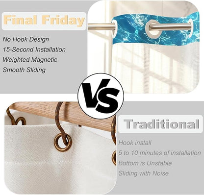 Modern Ocean Luxury No Hook Shower Curtain Nautical Tropical Aesthetic | Funky No Hook Shower Curtain with Snap in Liner, Waterproof Ringless Shower Curtains for Bathroom 72x74 Inch Blue