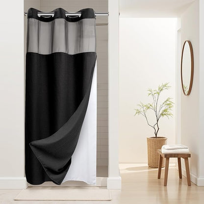 RiverDream Heavyweight Waffle No Hook Shower Curtain with Liner,Black,36x74 | Dotted Waffle,Snap-in Liner,Heavy Duty,Quick Dry,Mesh Top Window,With Bottom Magnets,Hotel-Grade,Washable,Small Stall Size