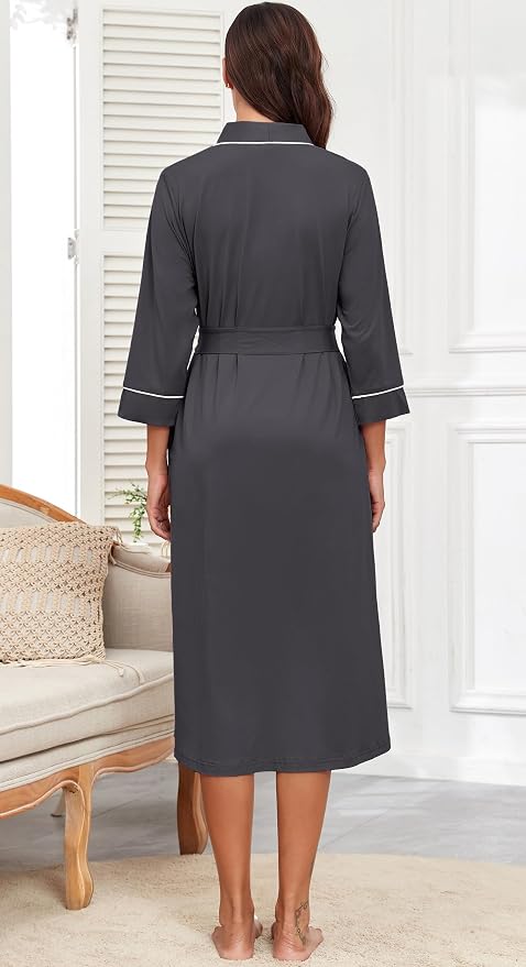 PrinStory Robes for Women 3/4 Sleeve Long Bath Robe XS-4XL | V-Neck Knit Bathrobe with Pockets, Lightweight, Soft, Breathable Robes for Shower, Spa, Travel, Home, Party, Nursing