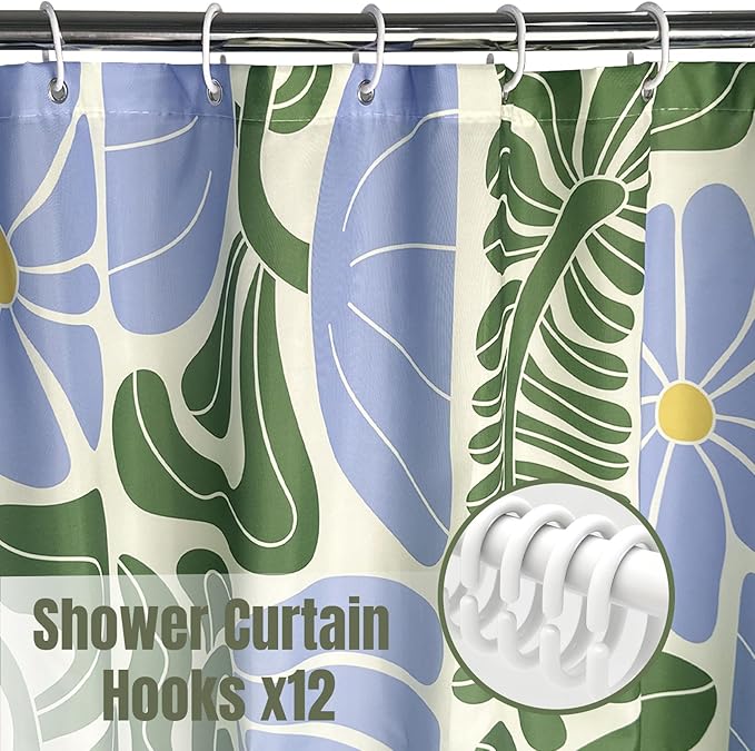 Abstract Geometric Floral Shower Curtain, Cute Blue and Green Boho Floral Pattern, Waterproof Polyester Fabric Shower Curtains Sets with Hooks for Bathroom 72x72 Inches