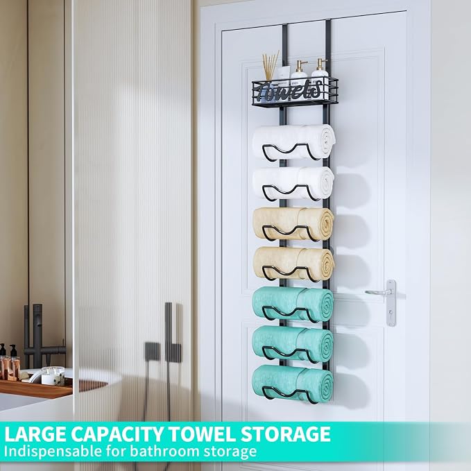 HapiRm Over The Door Towel Rack - 8 Tier Wall Mount Rolled Towel Holder Storage Organizer Shelf with Storage Basket for Small Bathroom, Rv, Camper - Black