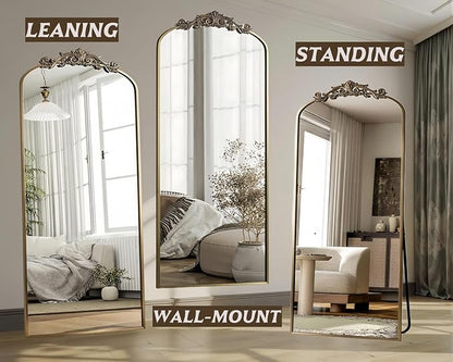 Dewfig Arched Full Length Mirror, 71"x32" Floor Mirror with Carved, Bronze | Antique Full Body Mirror, HD Shatterproof Tempered Glass, Lean/Stand/Wall for Bedroom, Living Room, Cloakroom, Home Decor