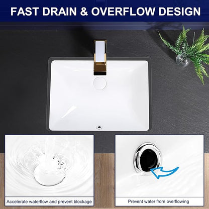 Undermount Bathroom Sink 20x15 Inch Vessel Sink White Porcelain Ceramic Under Counter Lavatory Vanity Sink Basin Rectangular Undermount Sinks with Overflow