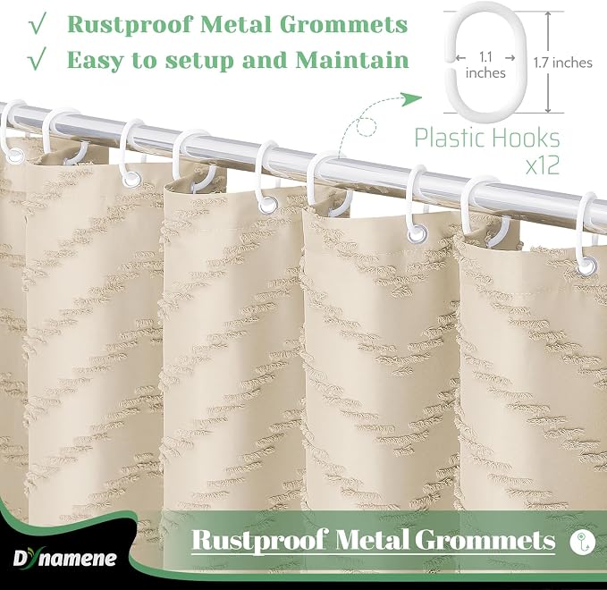Long Boho Farmhouse Shower Curtain Tufted Chevron 72"x78" Beige | 78 Inch Tall, Elegant Tassel, Lightweight Textured Fabric, Water Repellent, Washable, Hotel Spa, for Bathroom/Dorm 12 Hooks