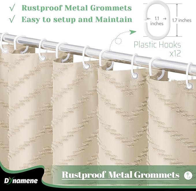 Dynamene 78 Inches Long Shower Curtain, Boho Tufted Chevron Striped Tall Cloth Shower Curtains for Bathroom Decor, Large Hotel Spa Luxury Shower Curtain Set with Hooks, Wrinkle Free, Beige, 72x78
