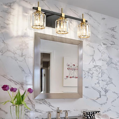 SOLFART Crystal Bathroom Light Fixtures 3 Light Bathroom Vanity Light Over Mirror Vanity Light Fixture Vintage Lighting 3T