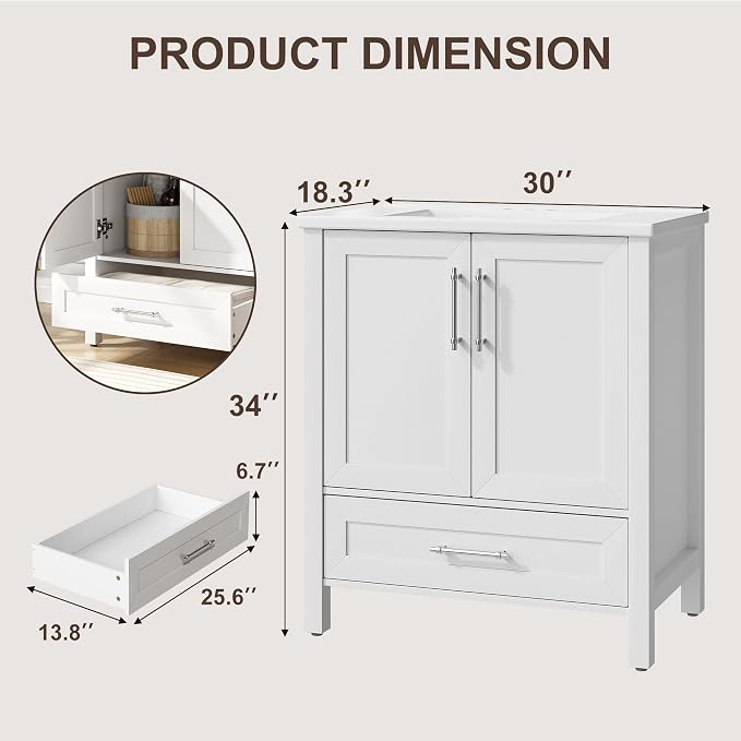 Garvee 30" Bathroom Vanity with Sink, Freestanding Bathroom Cabinet | White Bathroom Vanity Cabinet With Waterproof And Adjustable Foot & Soft-Door & Drawer & Metal Handle Easy Assembly