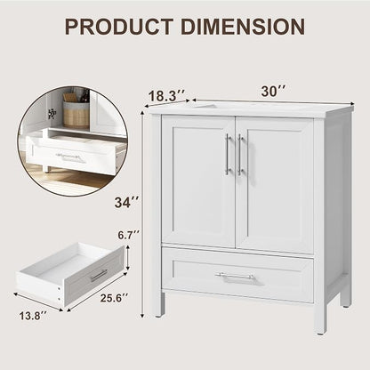 Garvee 30" Bathroom Vanity with Sink, Freestanding Bathroom Cabinet | White Bathroom Vanity Cabinet With Waterproof And Adjustable Foot & Soft-Door & Drawer & Metal Handle Easy Assembly