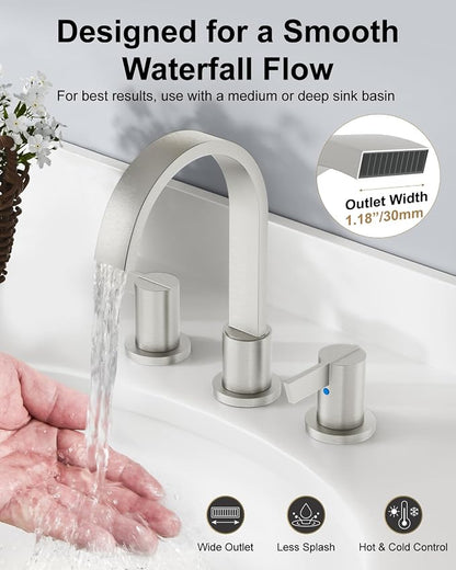 Brushed Nickel 3 Hole Bathroom Faucet,8" Widespread Vanity Faucet | 2 Handle Waterfall Bathroom Sink Faucet with Pop-Up Drain,Supply Lines,360° Swivel Spout,Lead-Free Stainless Steel,Deck Mount