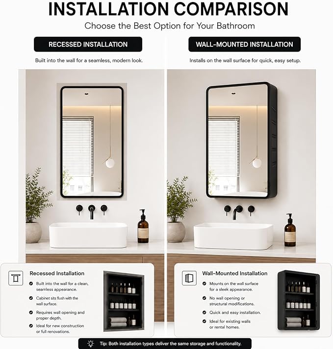 16x24 Medicine Cabinet with Mirror, Black Metal, Recessed or Surface Mount | 3 adjustable metal shelves, soft-close reversible door, 95% assembled; cutout 13.78"W x 19.1"H x 3.86"D