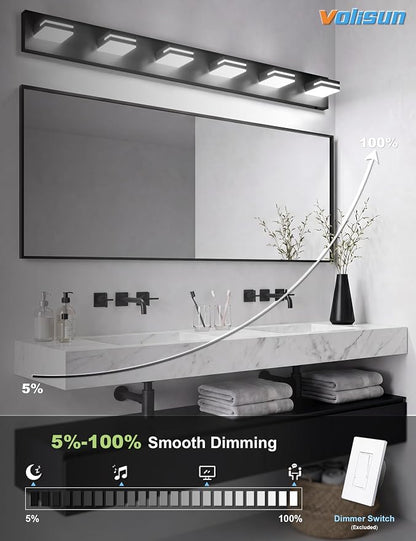 VOLISUN Modern Bathroom Vanity Light Fixtures (6-Light, 48-Inch), 5CCT Dimmable Lighting Fixtures Over Mirror, 360 Rotatable Head, Black LED Vanity Lights