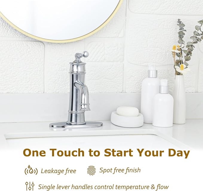 Antique Brass Bathroom Faucet Single Handle, Polished Chrome | Bathroom Faucet 1 or 3 Hole, Sink Faucet with Pop Up Drain Supply Hose for Vanity Lavatory RV Farmhouse(L2301-CP)