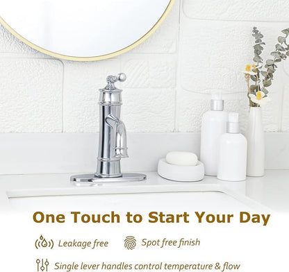 Antique Brass Bathroom Faucet Single Handle, Polished Chrome | Bathroom Faucet 1 or 3 Hole, Sink Faucet with Pop Up Drain Supply Hose for Vanity Lavatory RV Farmhouse(L2301-CP)