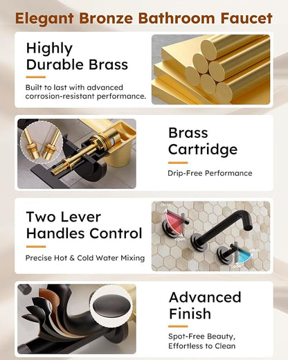 Oil Rubbed Bronze Bathroom Faucet - WOWOW Wall Mount Bathroom Faucet, 2 Handle Vanity Faucet 3 Holes Rough in Brass Valve Included Elegant Spout