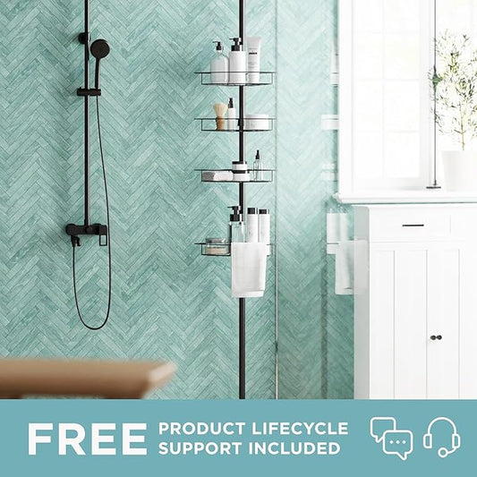 Zenna Home Tension Pole Shower Caddy Corner Organizer, Adjustable Standing Shower Caddy with 4 Baskets and Towel Bar, Rust Resistant Bathroom Tension Rod Organizer, 60 to 97 Inch, Bronze