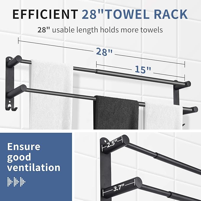 Double Towel Bar，adjustable16-28IN Matte Black Towel Racks for Bathroom, Stainless Steel Towel Holder,Suitable for Bathrooms and Kitchens