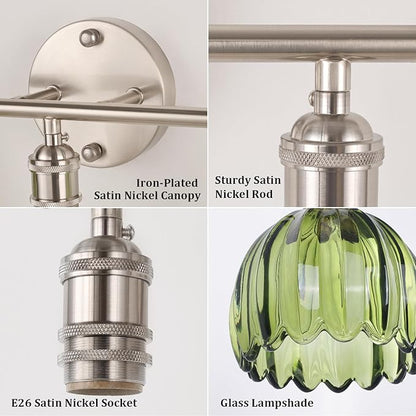 Bathroom Light Fixtures, 3-Light Vanity wall Light Over Mirror with Green Tulip Glass Shade for Bedroom Living Room (Bulb Not Included), Satin Nickel
