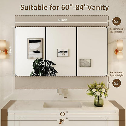 Medicine Cabinet Mirror 60x32 Inch, Triple-Door Bathroom Mirror Cabinet with Glass Adjustable Shelves, 3-Compartment Bathroom Mirror with Storage Recessed or Wall Mount