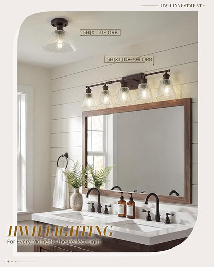 HWH Rustic Bathroom Light Fixture, Clear Floral Glass, 5HJX110B-5W ORB | Oil-Rubbed Bronze Finish, 34 Inch Bathroom Vanity Light Over Mirror, Vanity Lights for Bedroom, Sized At 34 In Fixture Size