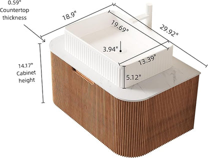 30'' Bathroom Vanities Cabinet with Sink , Wall Mounted Floating Cabinet W/Curved Edges Stripes, Oak Plywood, Soft-close System with a Drawer, White Rectangular Ceramic Basin - Kiel, Natural Wood/W