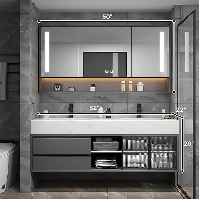 52" Double Sink Floating Bathroom Vanity,Bathroom Vanity with Sink Set Includes Open LED Smart Defog Mirror Cabinet, Modern Bath Vanity with Drawers,Wall-Mounted Bathroom Vanities,Dark Grey