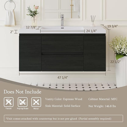 Floating Bathroom Vanity with Sink, 48" Wall-Mounted Bathroom Storage Vanity Cabinet with Resin Top Basin and Soft Close Drawers, No Assembly Required, Espresso Wood