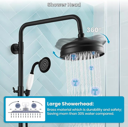 gotonovo Luxury Exposed Shower Faucet Set Bathroom Shower System 8 Inch Wall Mount Rainfall Shower Head with Handheld Spray Cross Double Handle Shower Fixture Adjustable Straight Rod Matte Black