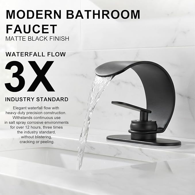 Waterfall Bathroom Sink Faucet, Matte Black Single Hole Vanity Faucet with Pop-Up Drain, Deck Plate & Supply Hoses, Modern 1 Handle Deck Mount for Bathroom Vanity Sink