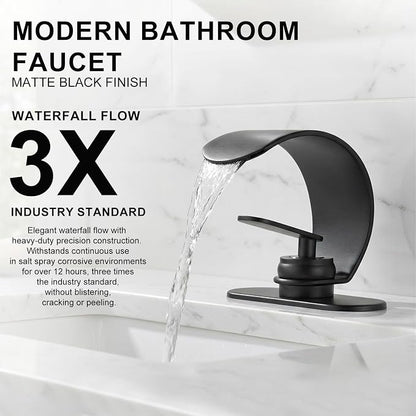 Waterfall Bathroom Sink Faucet, Matte Black Single Hole Vanity Faucet with Pop-Up Drain, Deck Plate & Supply Hoses, Modern 1 Handle Deck Mount for Bathroom Vanity Sink