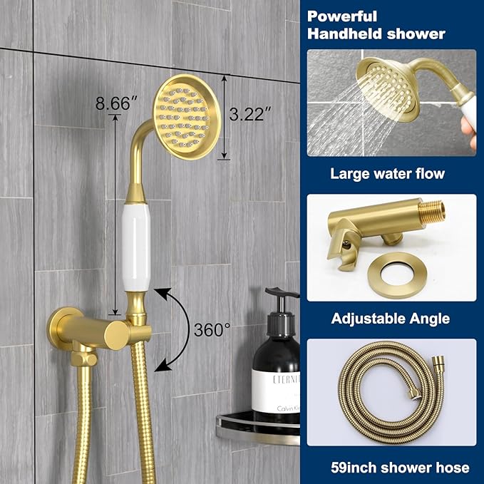 Antique Brass Shower System, 9" & 6" Dual Rain Heads and Handheld Spray Vintage Fixtures, 3-Function Dual Knob Valve with Separate Temperature Control, Brused Gold