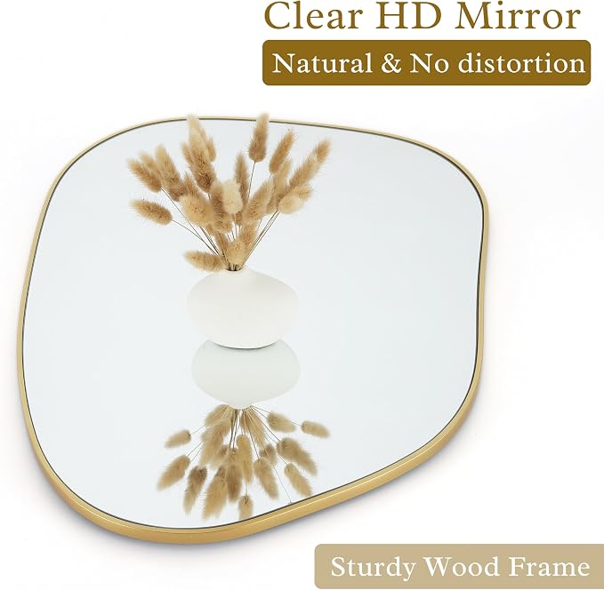 PERFNIQUE Irregular Asymmetrical Wall Mirror, 27''x19'' Gold Bathroom Mirror