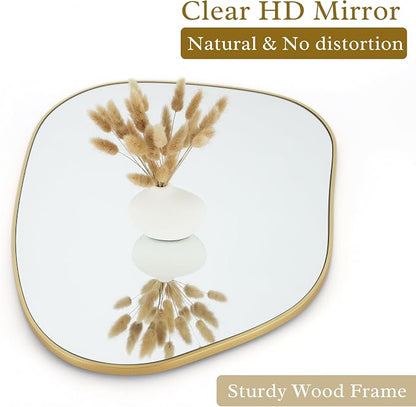 PERFNIQUE Irregular Asymmetrical Wall Mirror, 27''x19'' Gold Bathroom Mirror