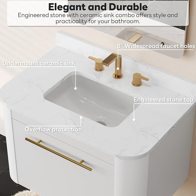 LIKIMIO 30" Bathroom Vanity with Sink, Floating Bathroom Vanity with 1 Drawer, Engineered Stone Countertop with Undermount Ceramic Sink, Wall Mounted Bathroom Vanity, Gold Handle, Easy Assembly, White